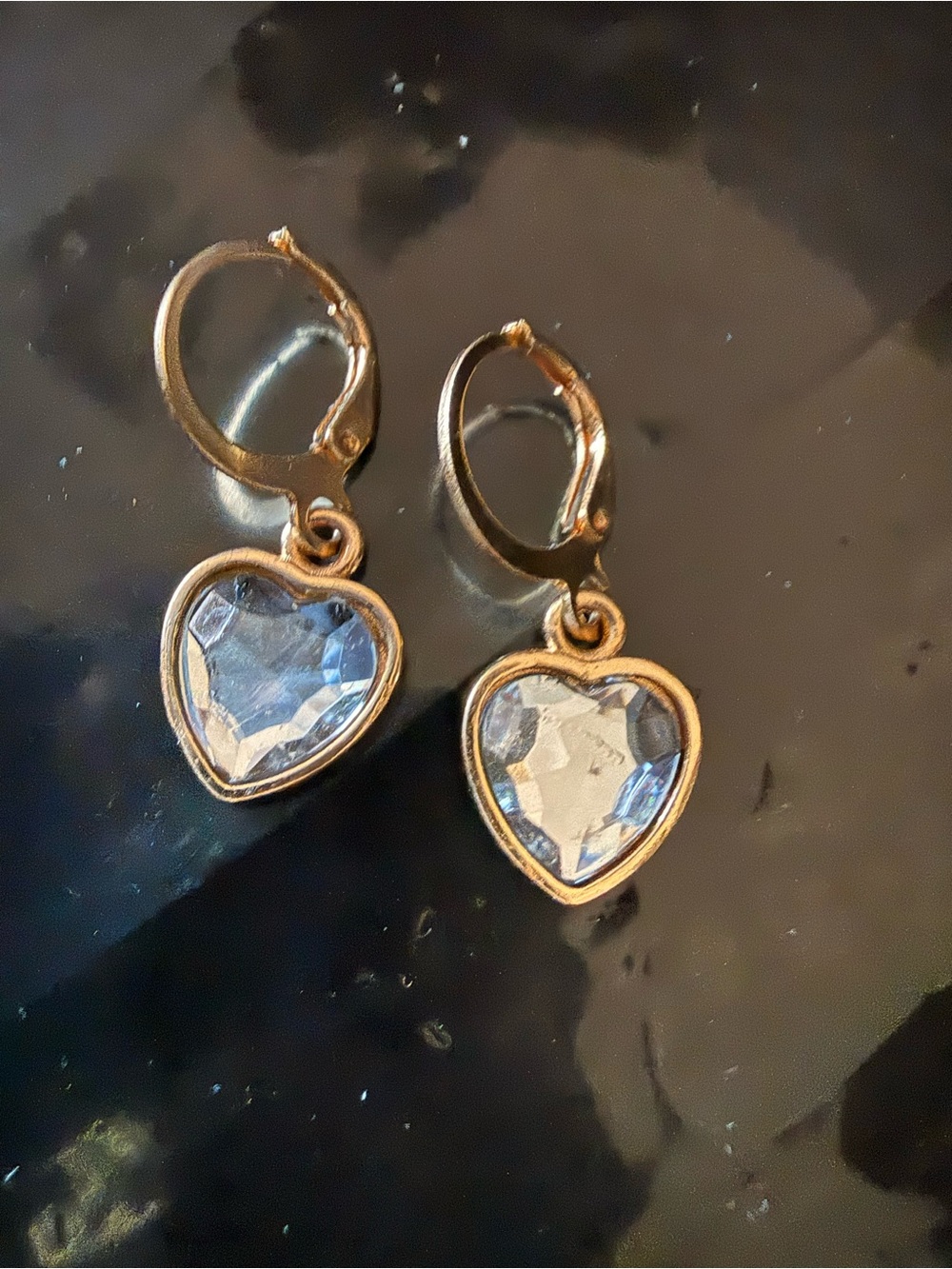 Gold Heart Drop Earrings with Clear Crystal Accent